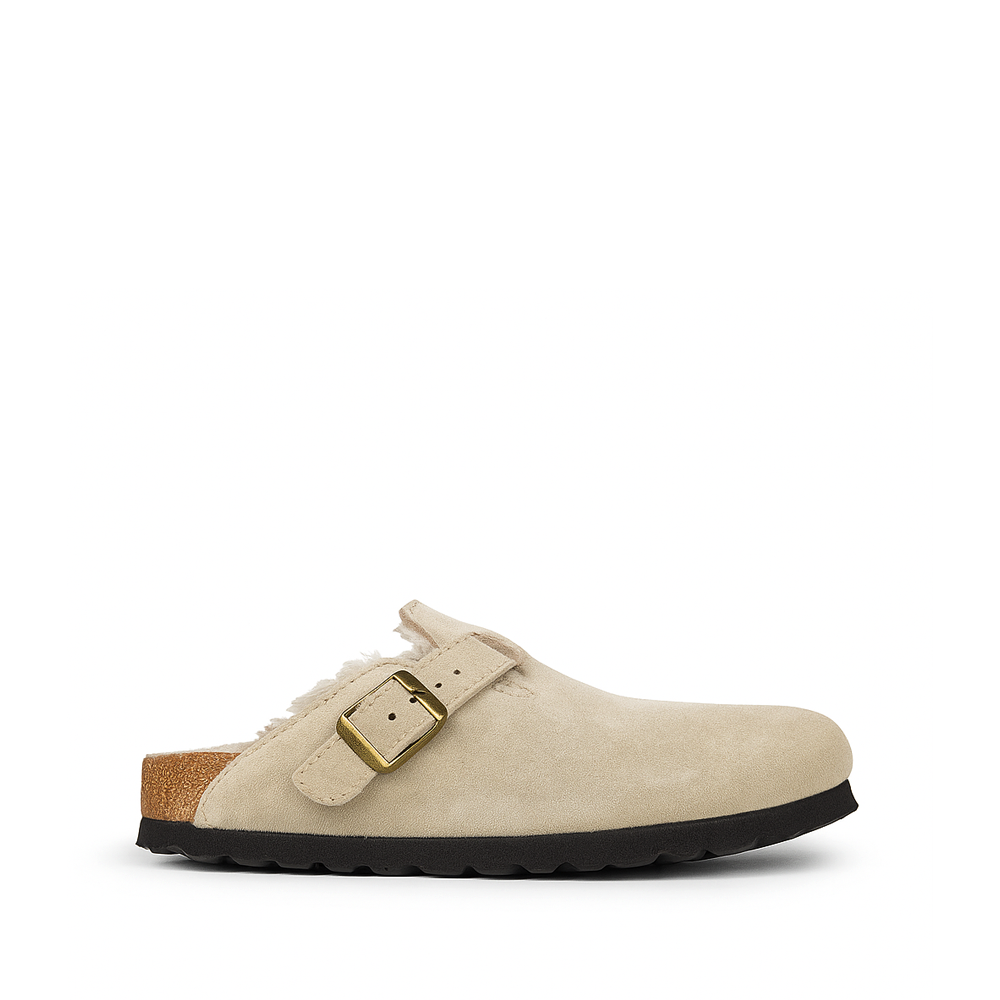 Birkenstock Boston pantoffel met wolvoering in taupe suède met gesp – Anna Pops