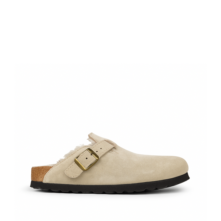 Birkenstock Boston pantoffel met wolvoering in taupe suède met gesp – Anna Pops