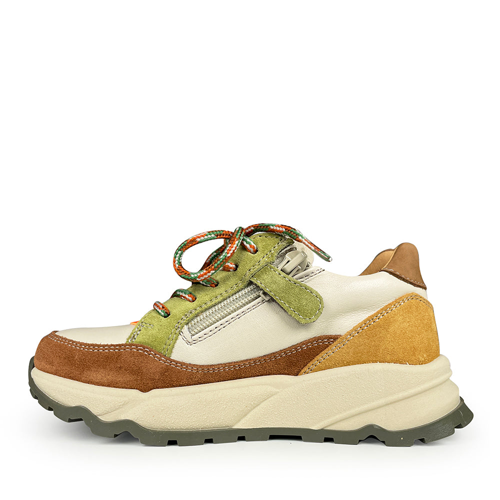 Romagnoli Runner kinderschoen in beige met groene en bruine suède accenten, rits- en velcrosluiting en dikke beige zool
