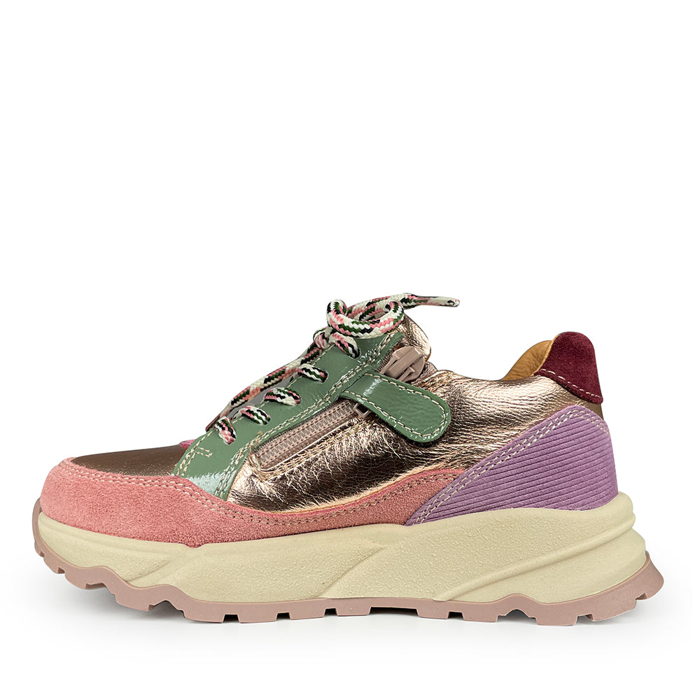 Romagnoli Runner kinderschoen in metallic roze en groen met glitterdetails, rits- en velcrosluiting en dikke beige zool