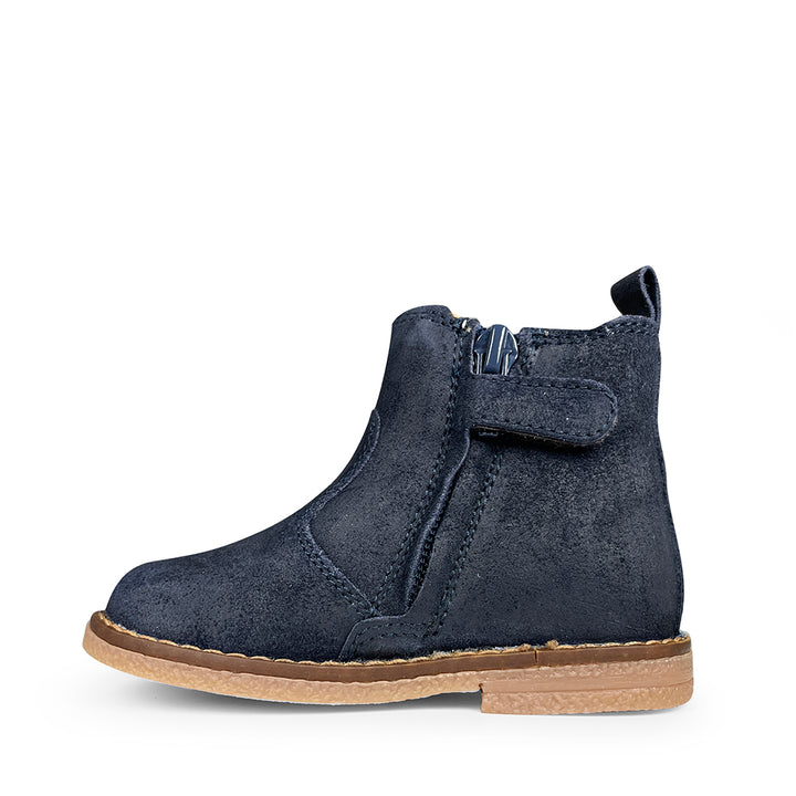 Romagnoli Chelsea boot voor kinderen in donkerblauw suède met rits en velcrosluiting, bruine zool