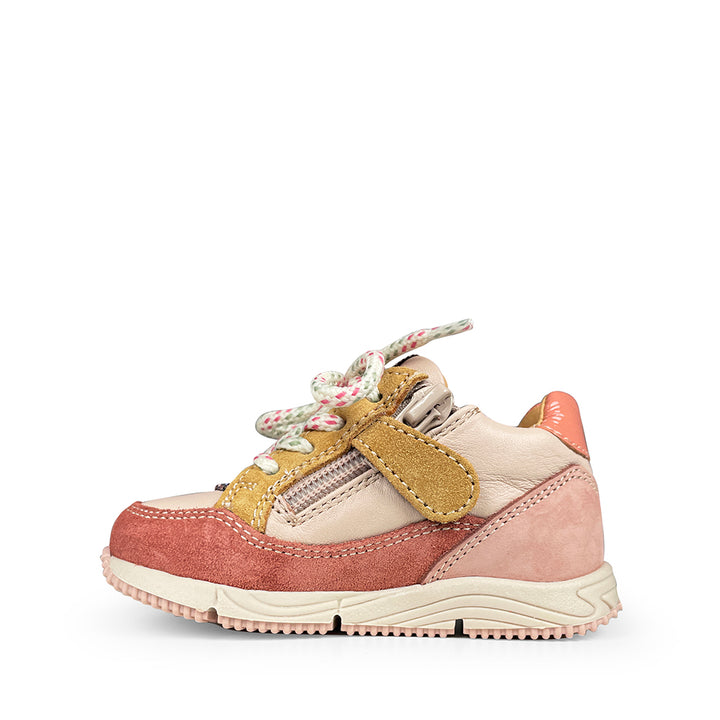 Romagnoli Runner kinderschoen in roze en oker leer met glitter, rits- en velcrosluiting en beige zool