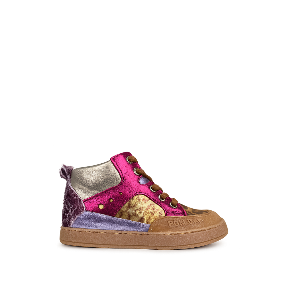 Pom d’Api sneaker voor meisjes met rits, veters, roze metallic en luipaardprint
