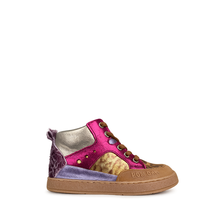 Pom d’Api sneaker voor meisjes met rits, veters, roze metallic en luipaardprint