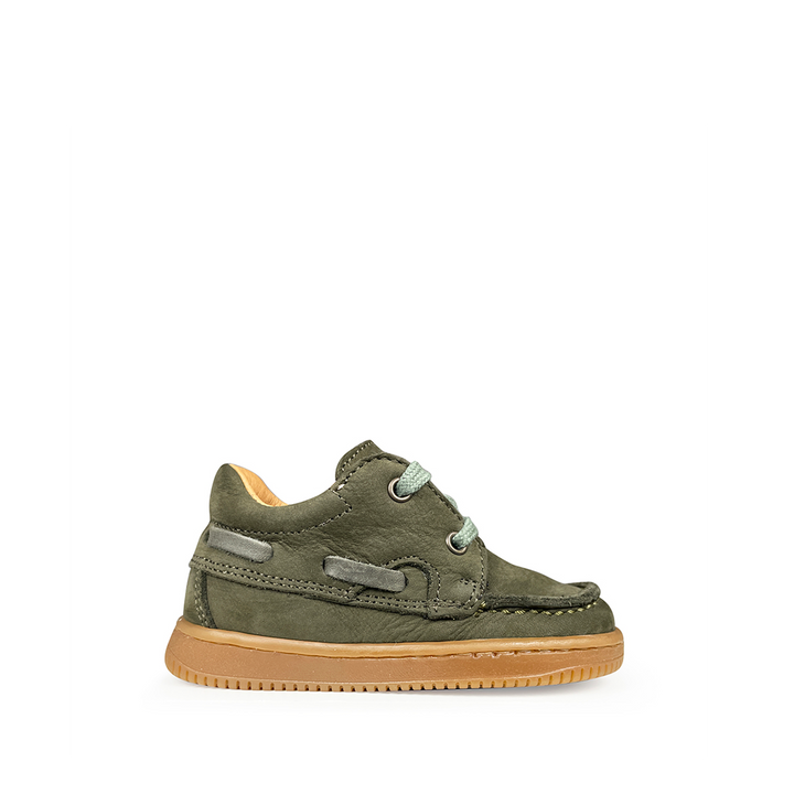 Romagnoli groene bootschoen voor kinderen, zijaanzicht met vetersluiting.