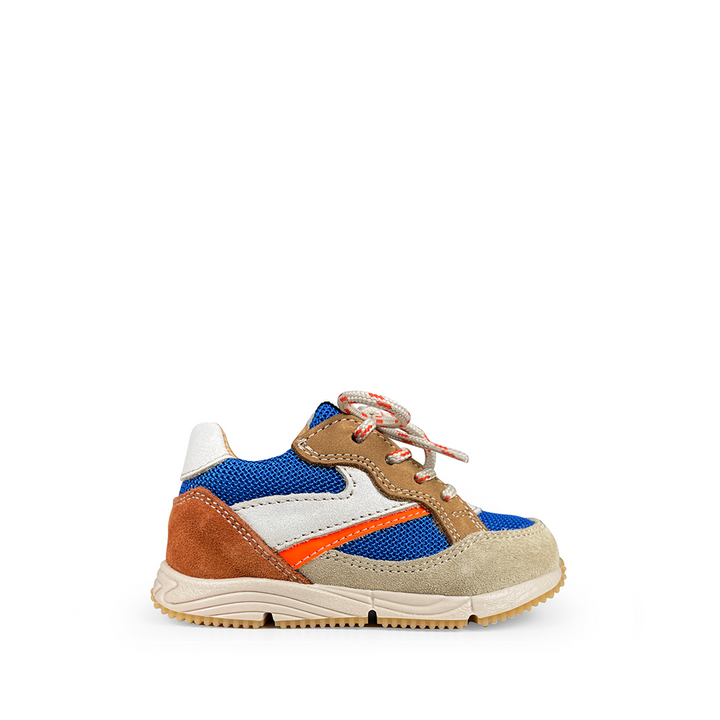 Romagnoli Runner kinderschoen in blauw en zandkleurig leer met oranje accent, rits- en velcrosluiting en beige zool