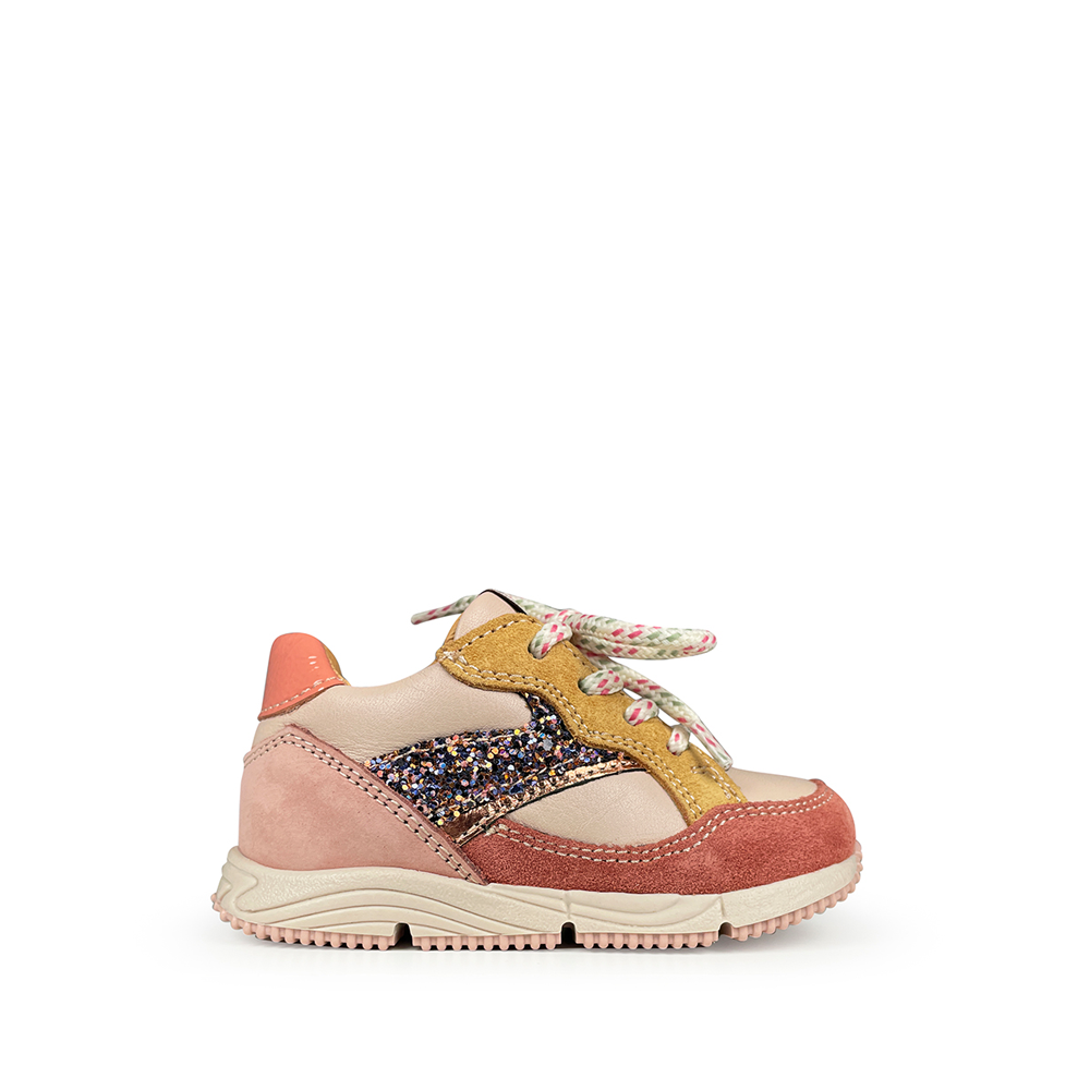 Romagnoli Runner kindersneaker in roze, oker en glitterdetails met beige zool