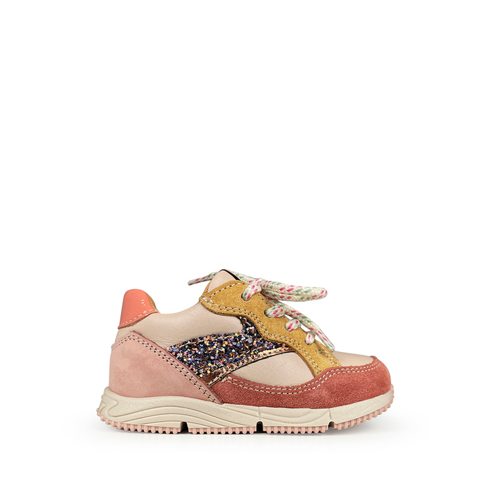 Romagnoli Runner kindersneaker in roze, oker en glitterdetails met beige zool