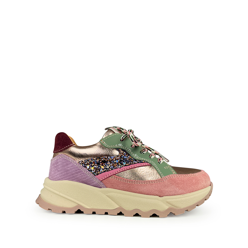 Romagnoli Runner kindersneaker met glitter, roze, lila en groene accenten en chunky beige zool
