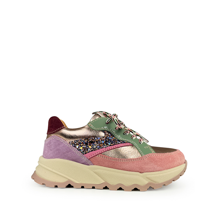 Romagnoli Runner kindersneaker met glitter, roze, lila en groene accenten en chunky beige zool