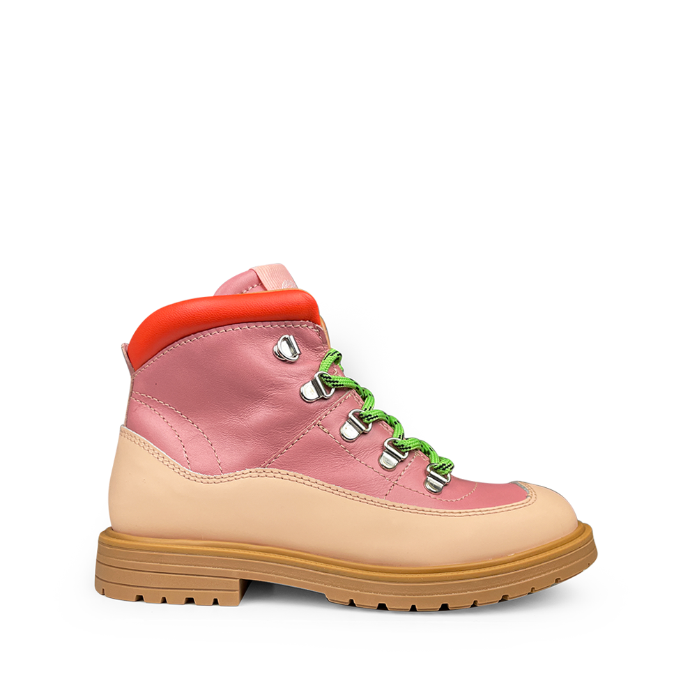 Rondinella bergboot roze met oranje details en groene veters voor kinderen