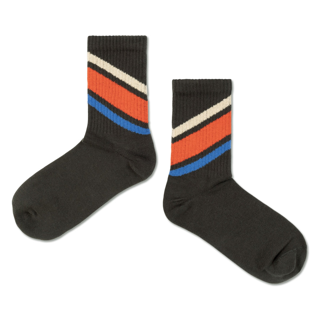 Sportieve kousen in donkergrijs met strepen in rood/blauw/Beige