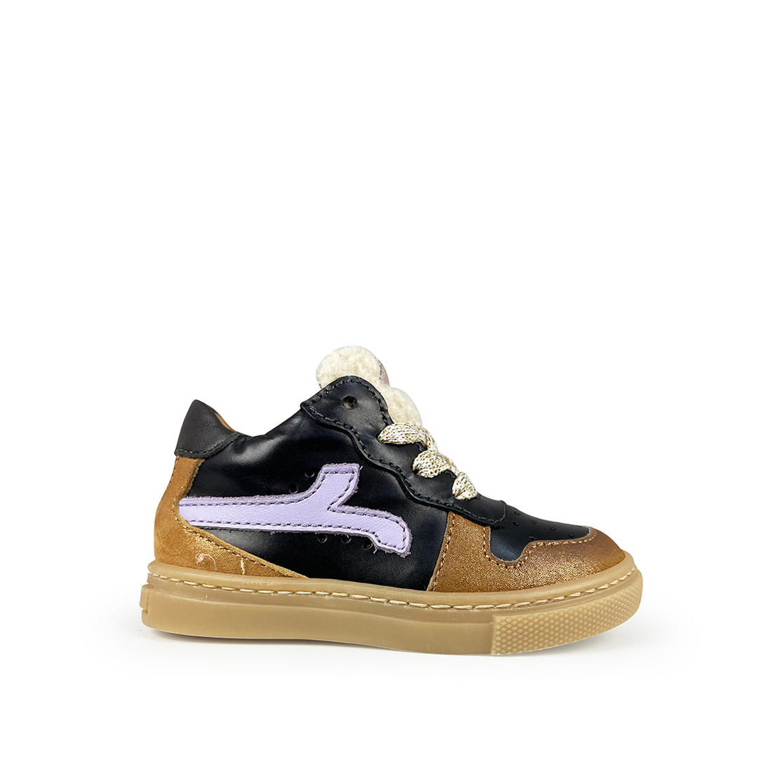 Rondinella zwarte sneaker met brons en lila accenten – zijaanzicht links