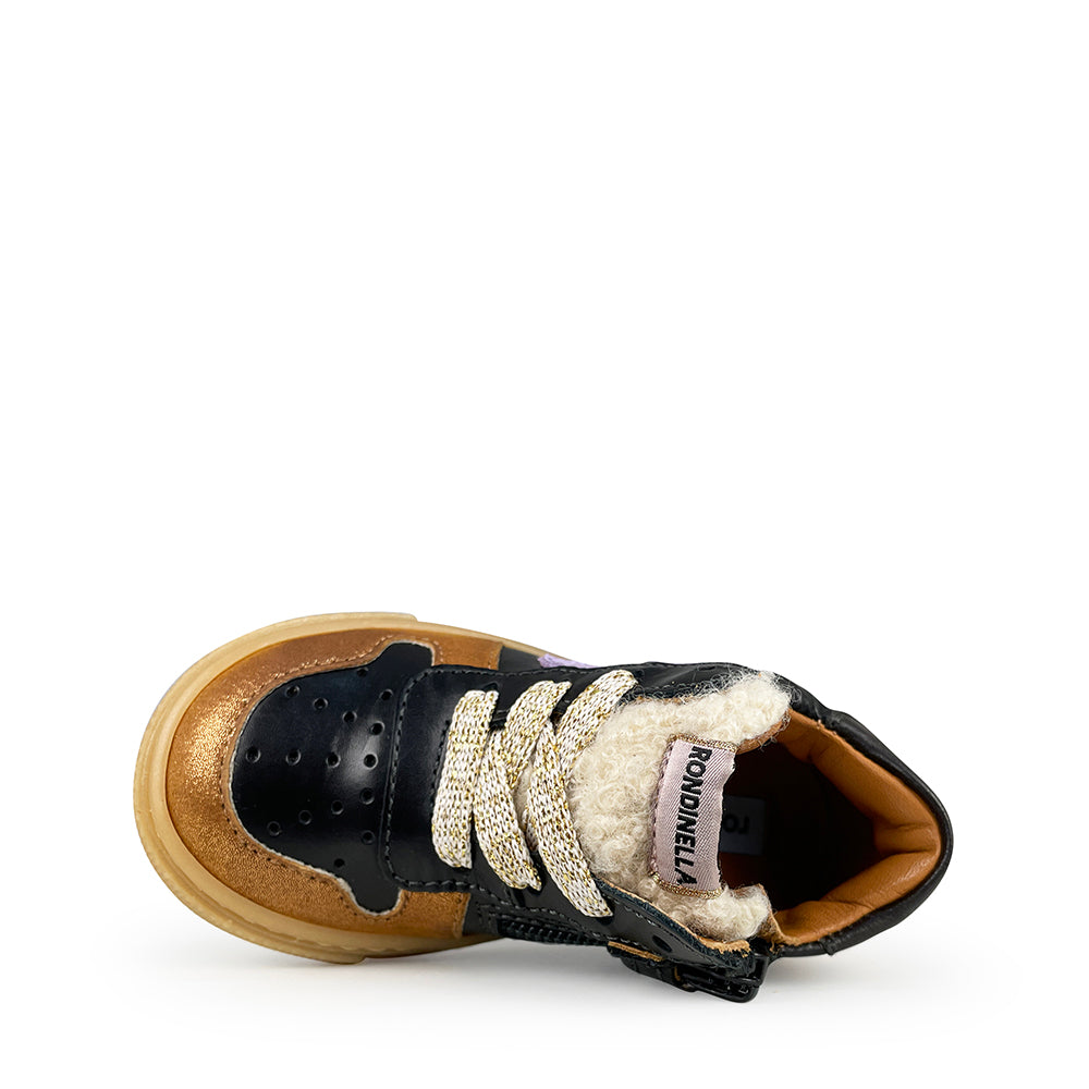 Bovenaanzicht Rondinella sneaker met glitterveters en fluffy tong
