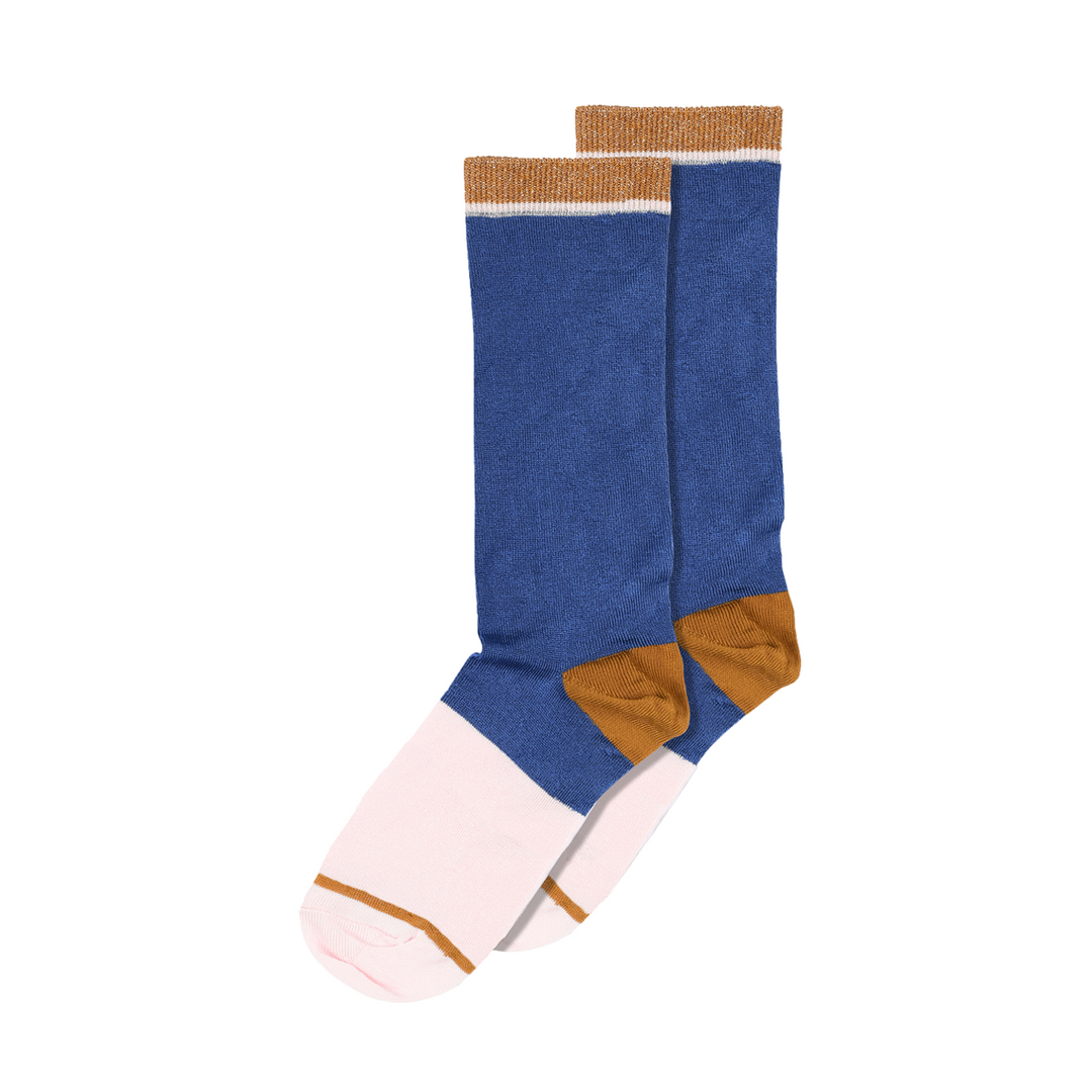Socks with stripes, squares and glitter multi colour blue