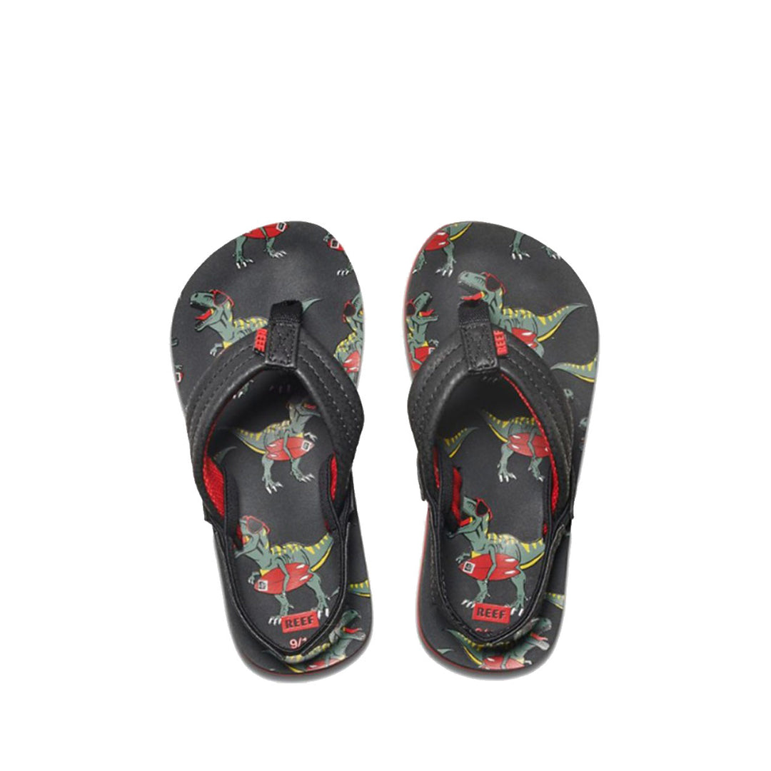 Zwarte REEF slipper met dinosaurus motief – vooraanzicht