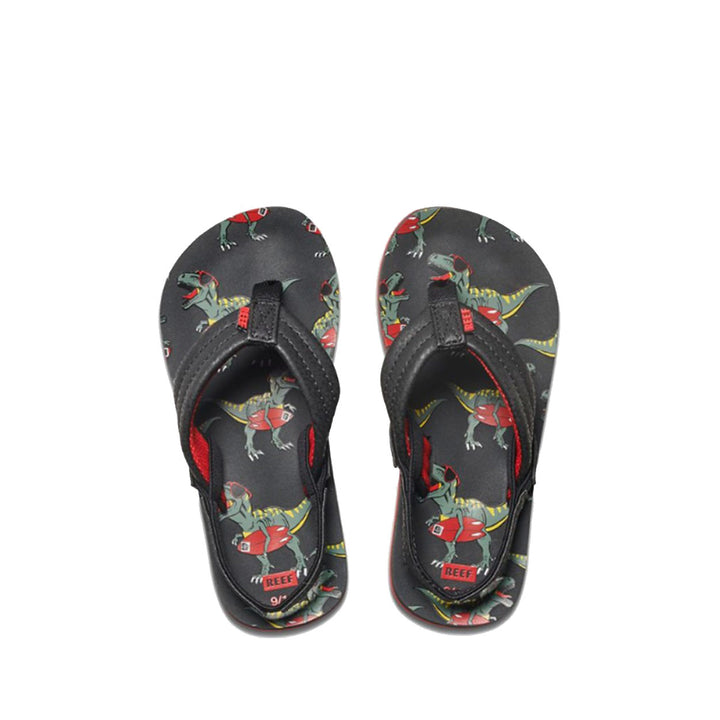 Zwarte REEF slipper met dinosaurus motief – vooraanzicht