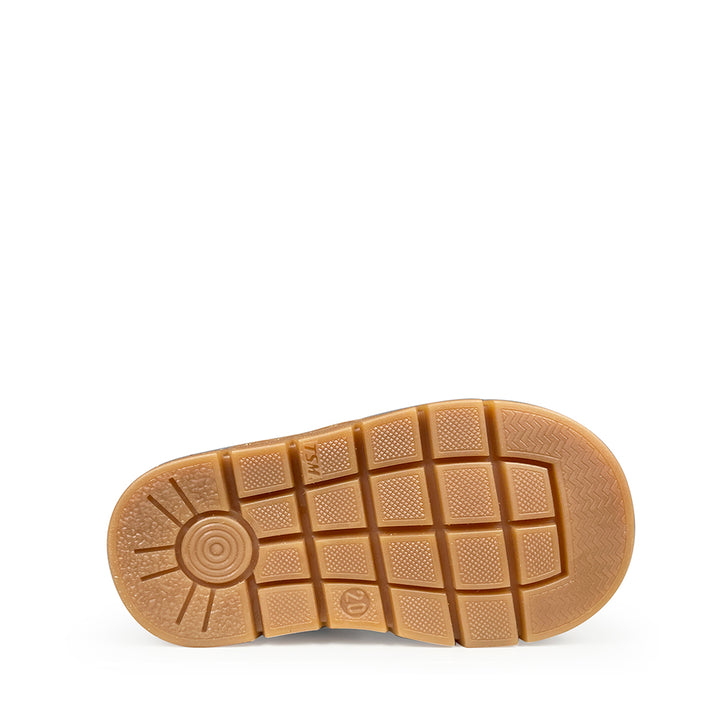 Bruine velours kindersneaker met gele accenten van Babybotte met zool met grip