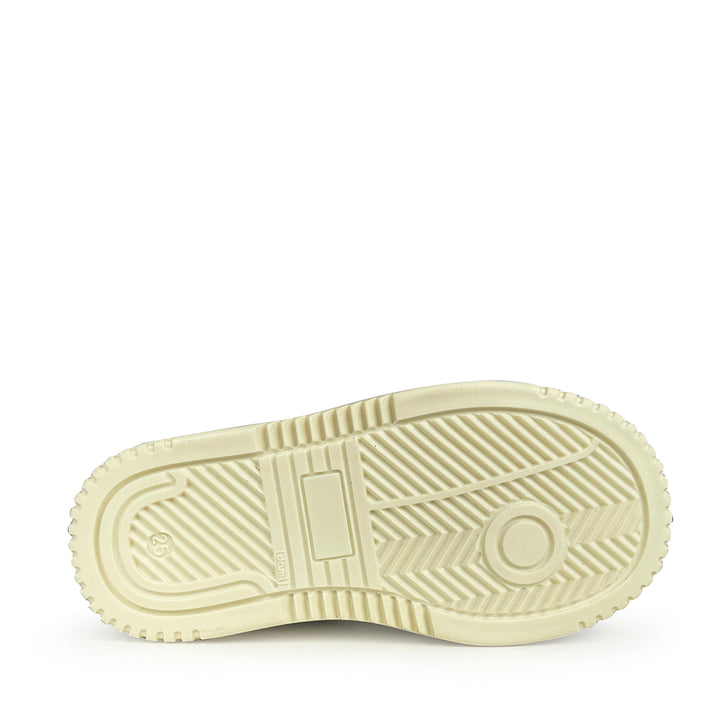 Onderkant van de zool van donkerblauw-witte Babybotte kindersneaker met profiel en maatmarkering