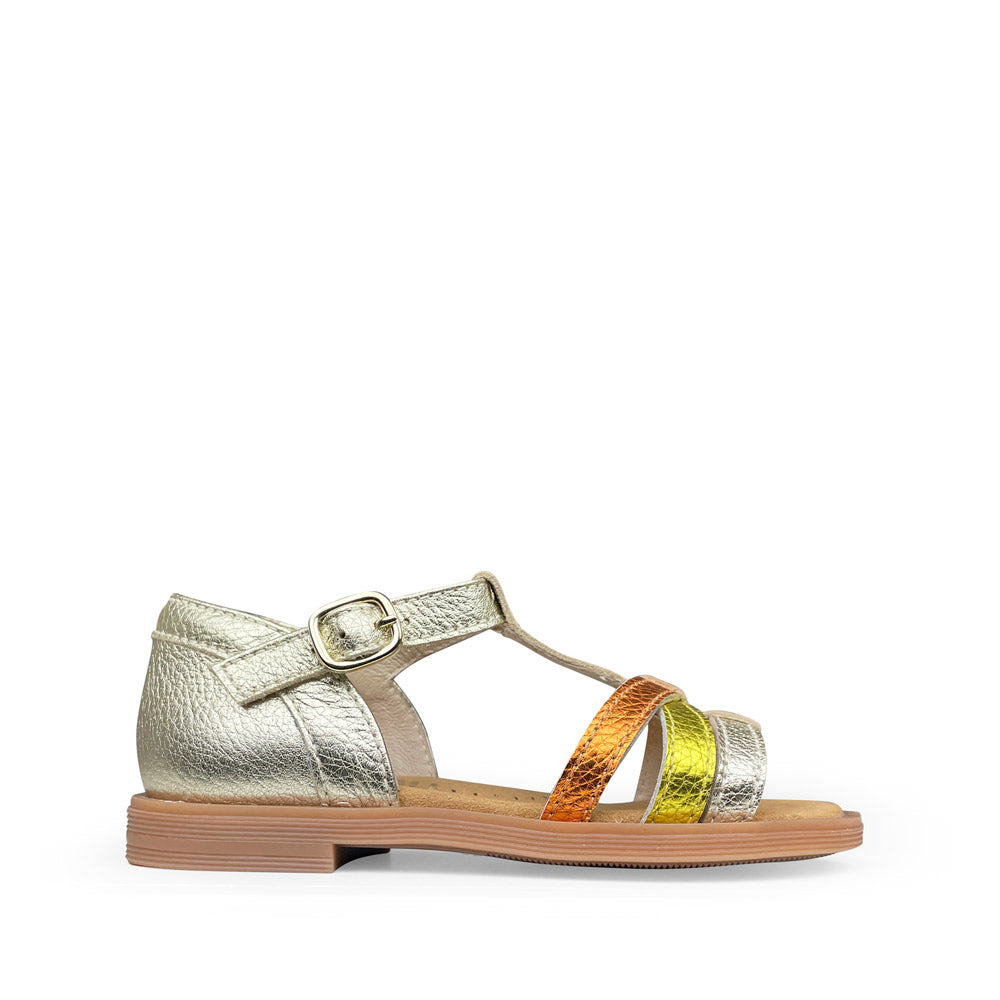 Beberlis sandaal voor meisjes in metallic multicolor leer – goud, oranje en geel met gespsluiting