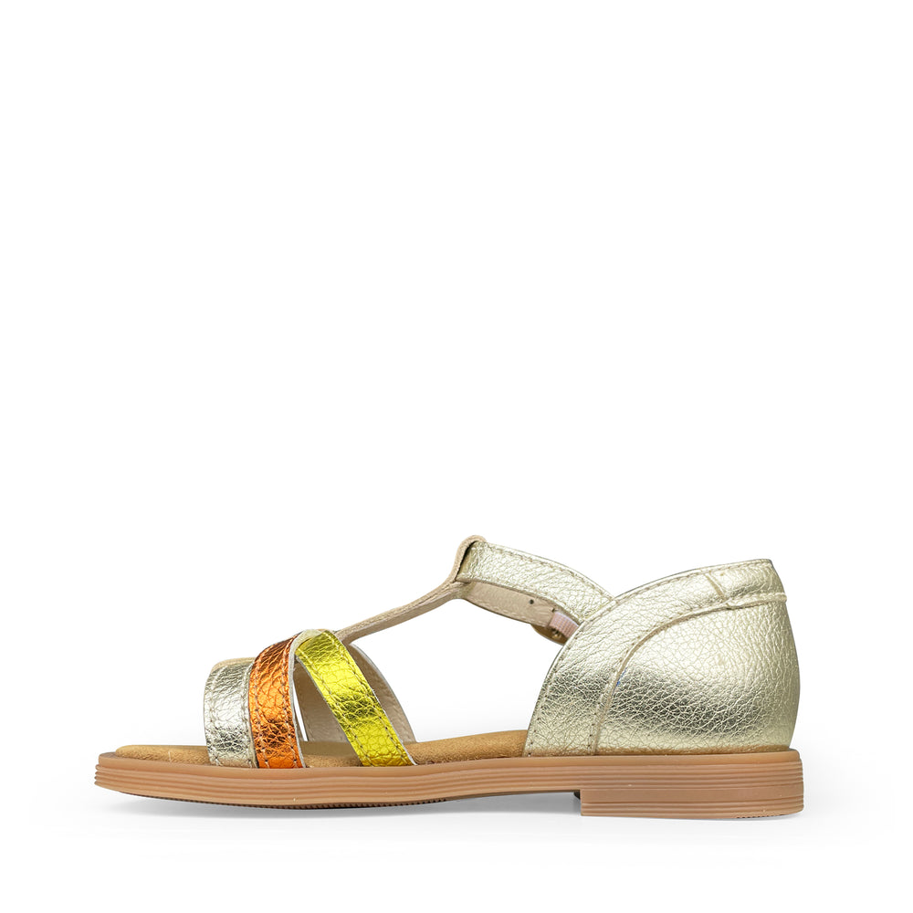 Kindersandaal van Beberlis in metallic leer met kleurrijke bandjes en stevige gesloten hiel