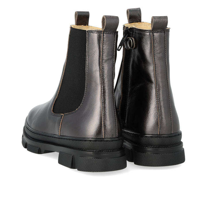Kinderschoenen chelsea boots in metallic leder – achteraanzicht met rits en lusje