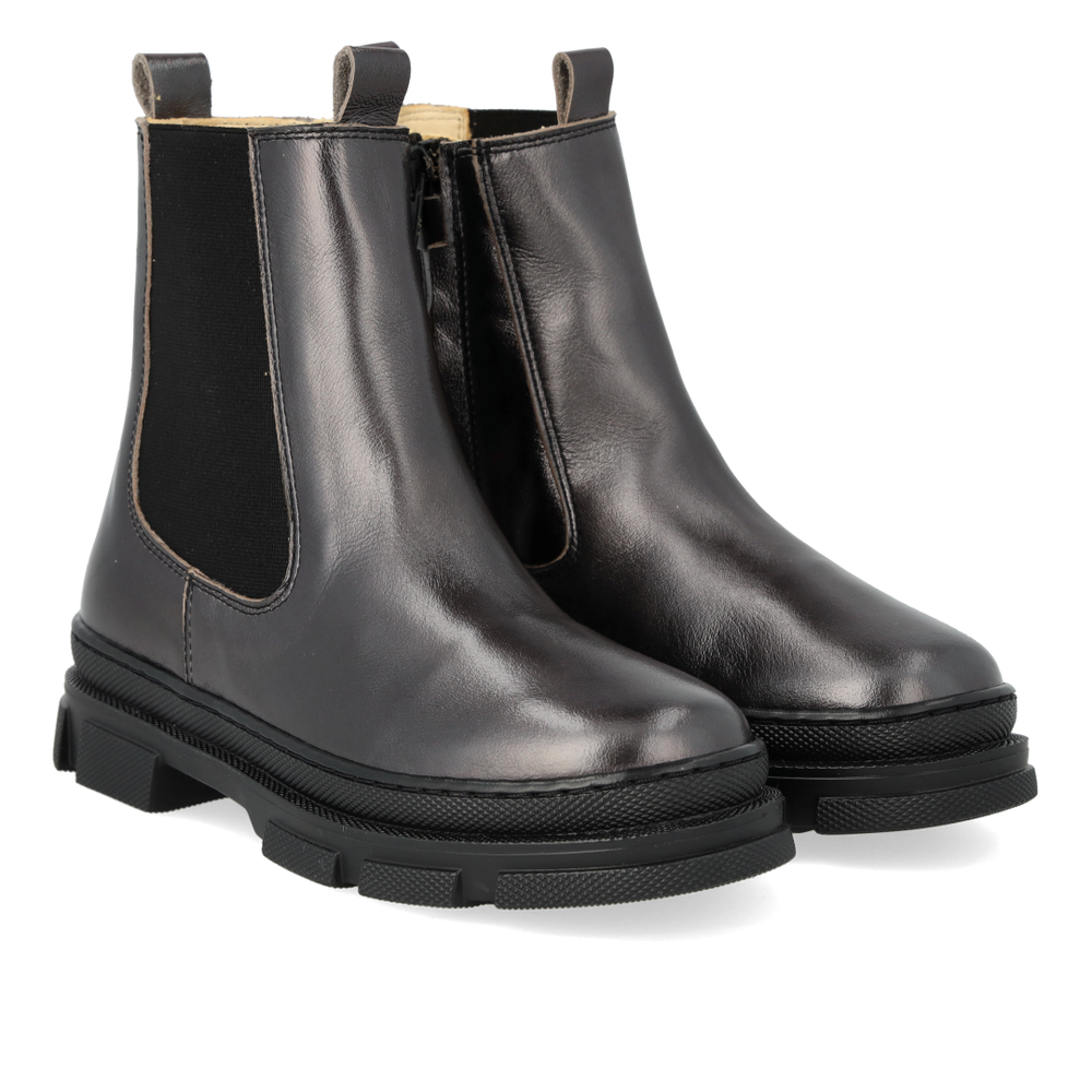 Metallic leren chelsea boots voor kinderen – vooraanzicht met zwarte elastiek en stevige zool
