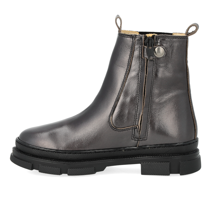 Zijaanzicht van metallic leren chelsea boot voor kinderen met zwarte elastiek en ritssluiting