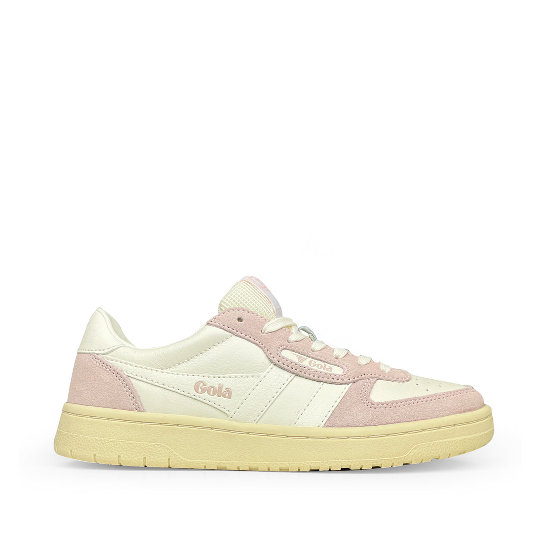 Gola Hawk sneaker wit roze retro damesschoen met roze suède details en beige zool zijaanzicht linkerkant