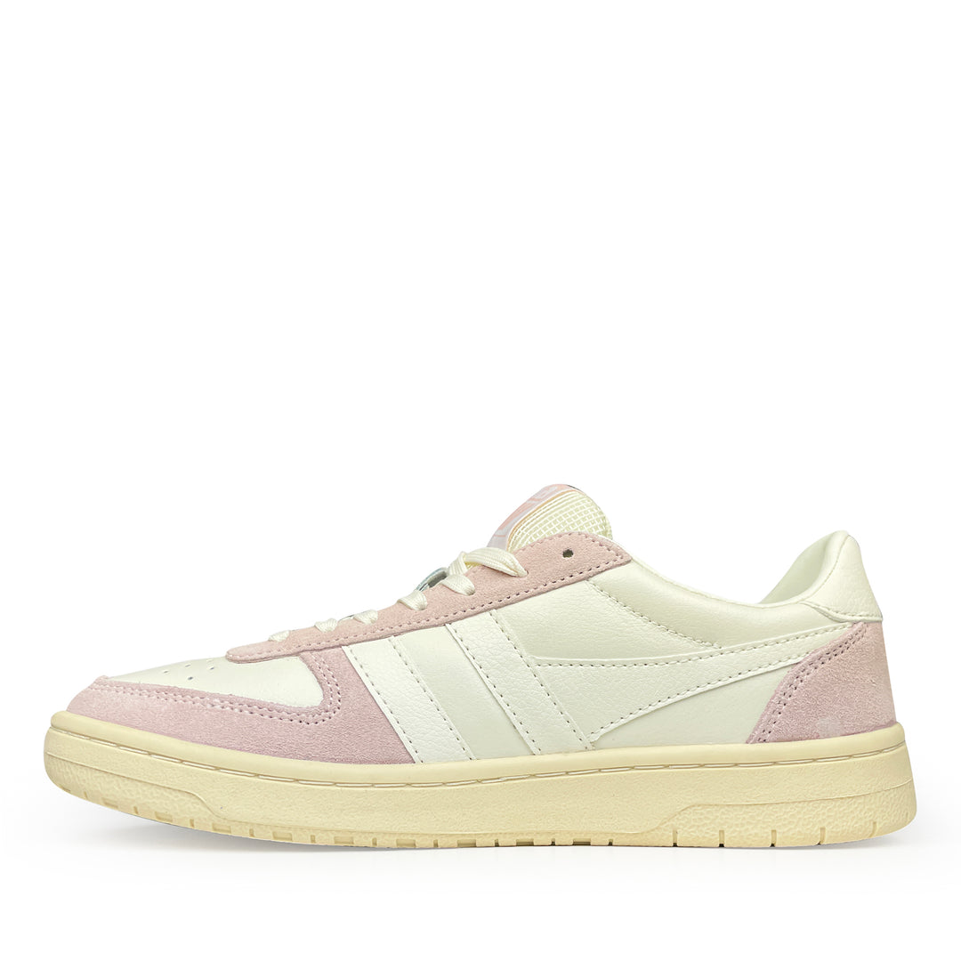 Gola Hawk sneaker wit roze rechter zijaanzicht met wit leer roze suède accenten en offwhite rubberen zool