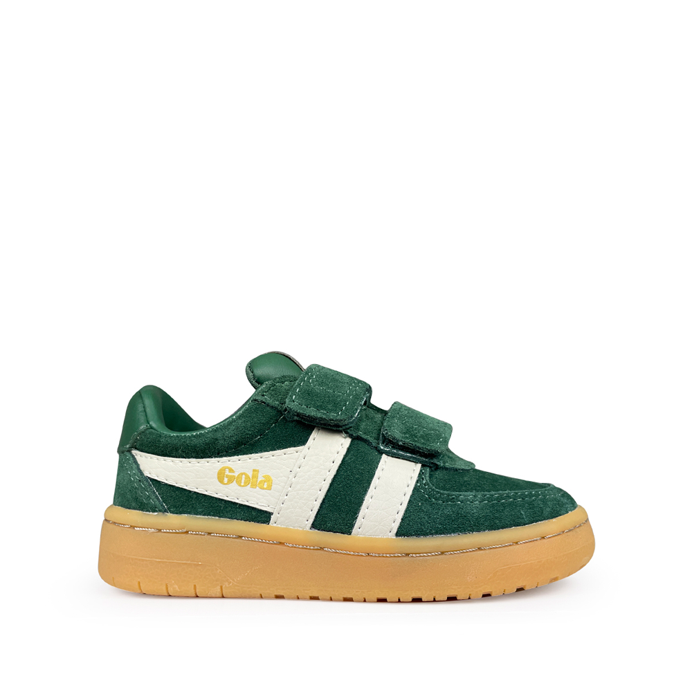 Groene suede Gola Hawk sneaker met witte strepen en geel Gola-logo, zijaanzicht