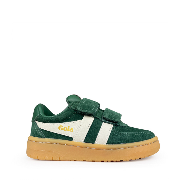 Groene suede Gola Hawk sneaker met witte strepen en geel Gola-logo, zijaanzicht
