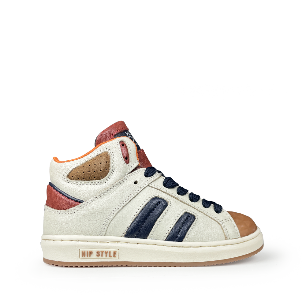 Hoge beige sneaker met zwart, bruin en rood