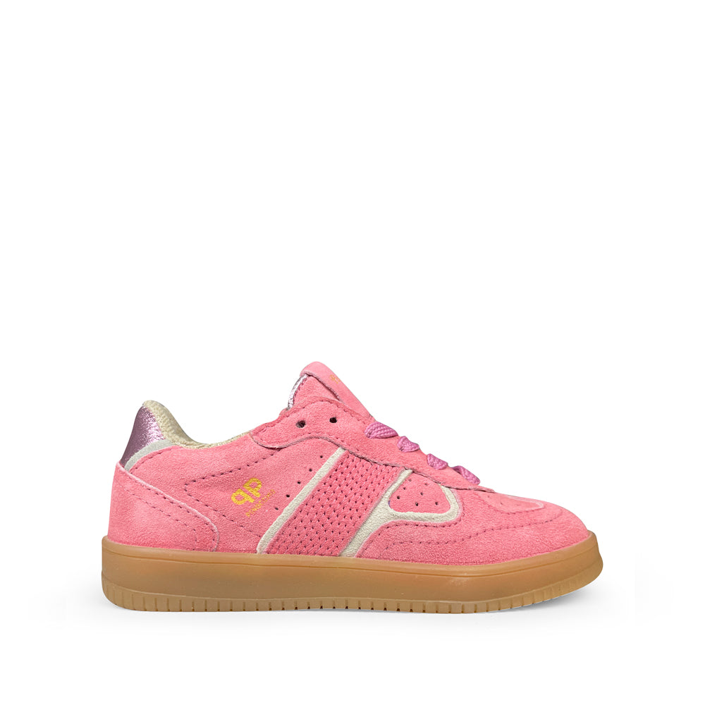 Roze nubuck meisjessneaker van Pinocchio met witte details – kinderschoenen met rubberen zool