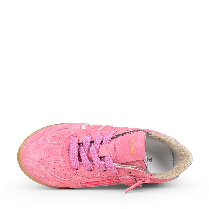 Roze nubuck sneaker met paarse veters voor meisjes – Pinocchio kinderschoen