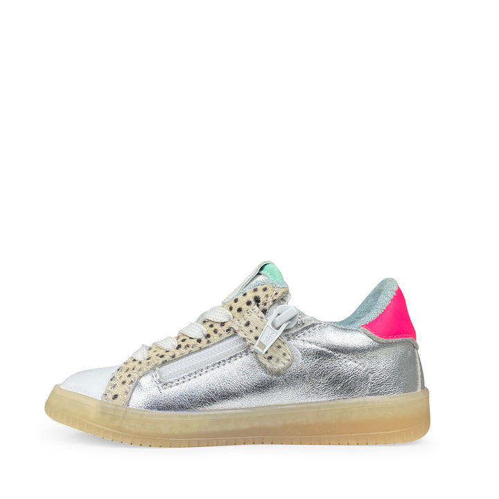 Pinocchio sneaker met zilver leer, rits en dierenprint – meisjes kinderschoen met kleurrijke details