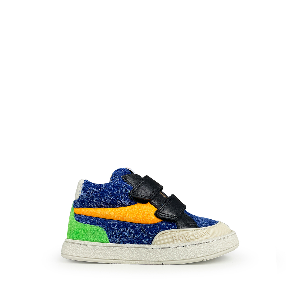 Pom d’Api kindersneaker met klittenband en speelse kleurencombinatie blauw, groen en oranje