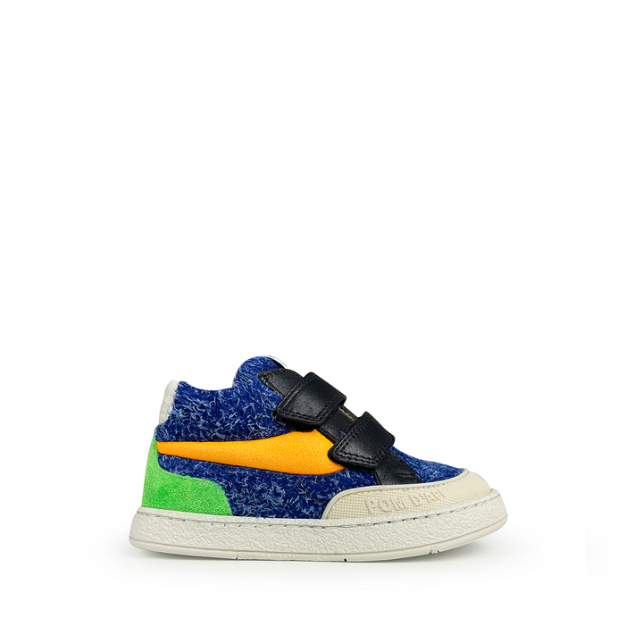 Pom d’Api kindersneaker met klittenband en speelse kleurencombinatie blauw, groen en oranje