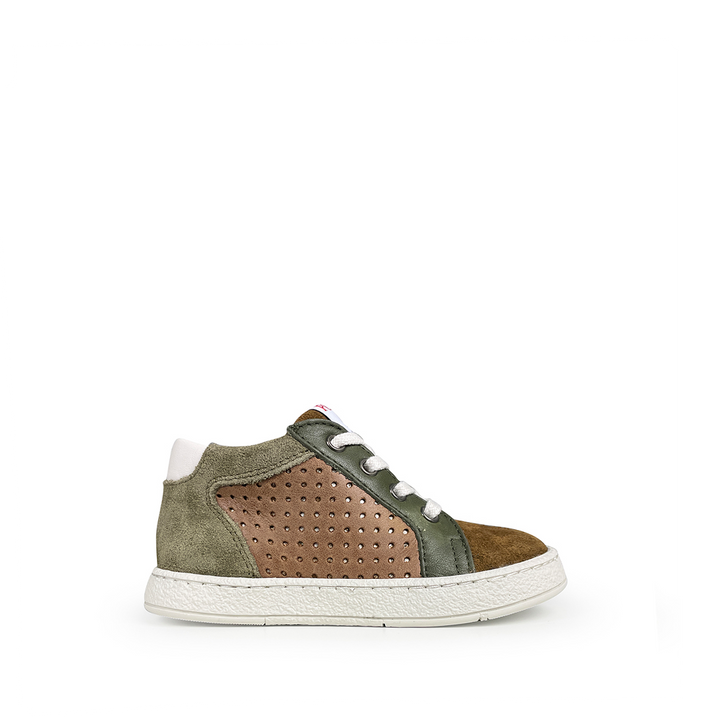 Pom d’Api kindersneaker kaki-bruin met rits en perforaties