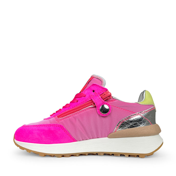 Binnenzijde van de Rondinella kindersneaker met rits- en vetersluiting in fuchsia en zilverkleurige hiel