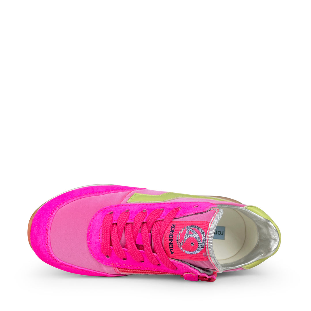 Bovenaanzicht van de Rondinella sneaker met fuchsia veters en limegroen detail op de zijkant