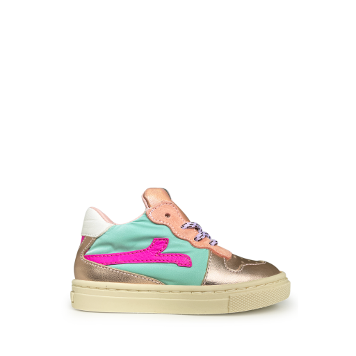 Kids shoe online Rondinella first walkers Sneaker gold aqua and pink