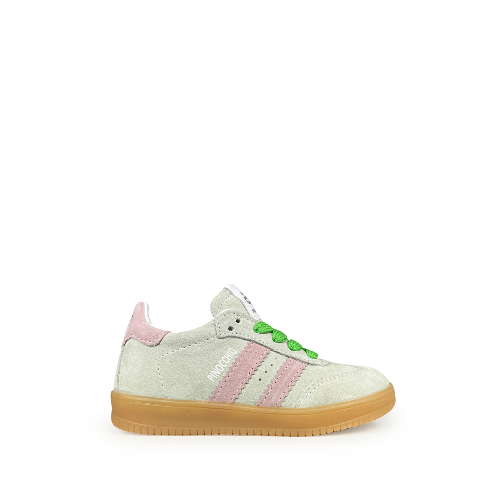 Pinocchio - Mint-coloured suede trainer with pink
