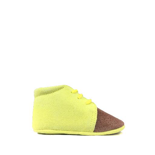 Kids shoe online Eli pre step shoe Brown pr-stepper innubuck with fluo yellow details