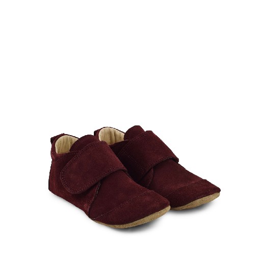 Kids shoe online Pompom slippers Leather big slippers in brugundy sude