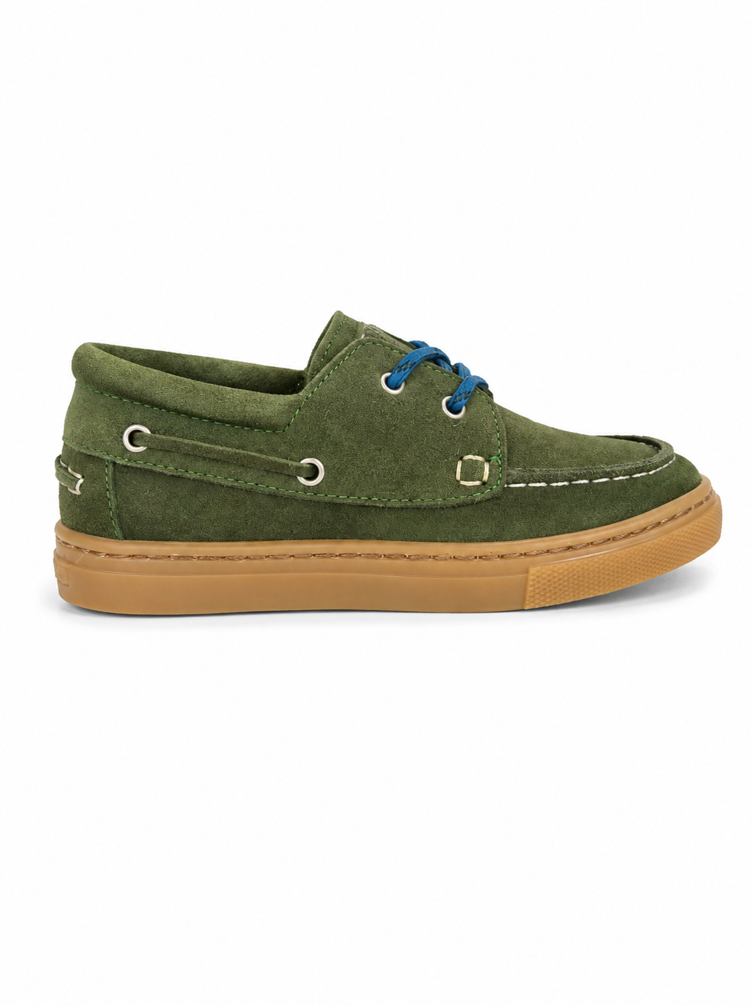 Groene bootschoen met blauwe veters