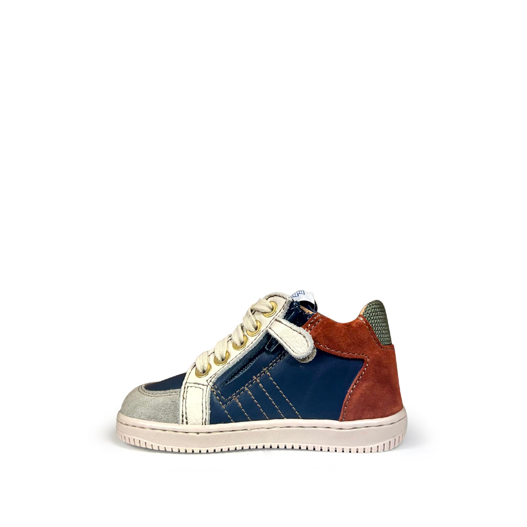 Sneaker met blauw, beige en cognac