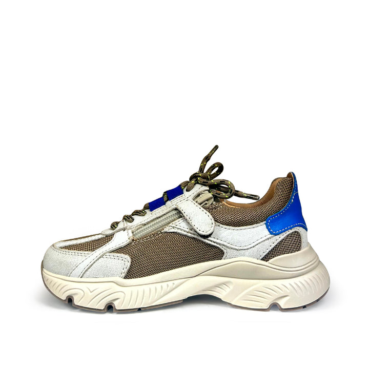Runner wit met blauwe accenten