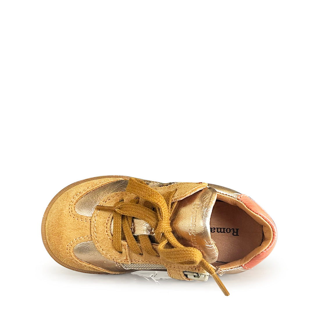 Sneaker oker, goud en leopard detail