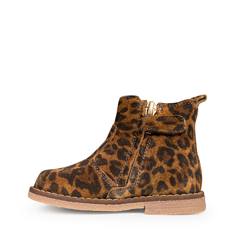 Romagnoli Chelsea boot voor kinderen in bruin suède met leopard print, rits en velcrosluiting, bruine zool